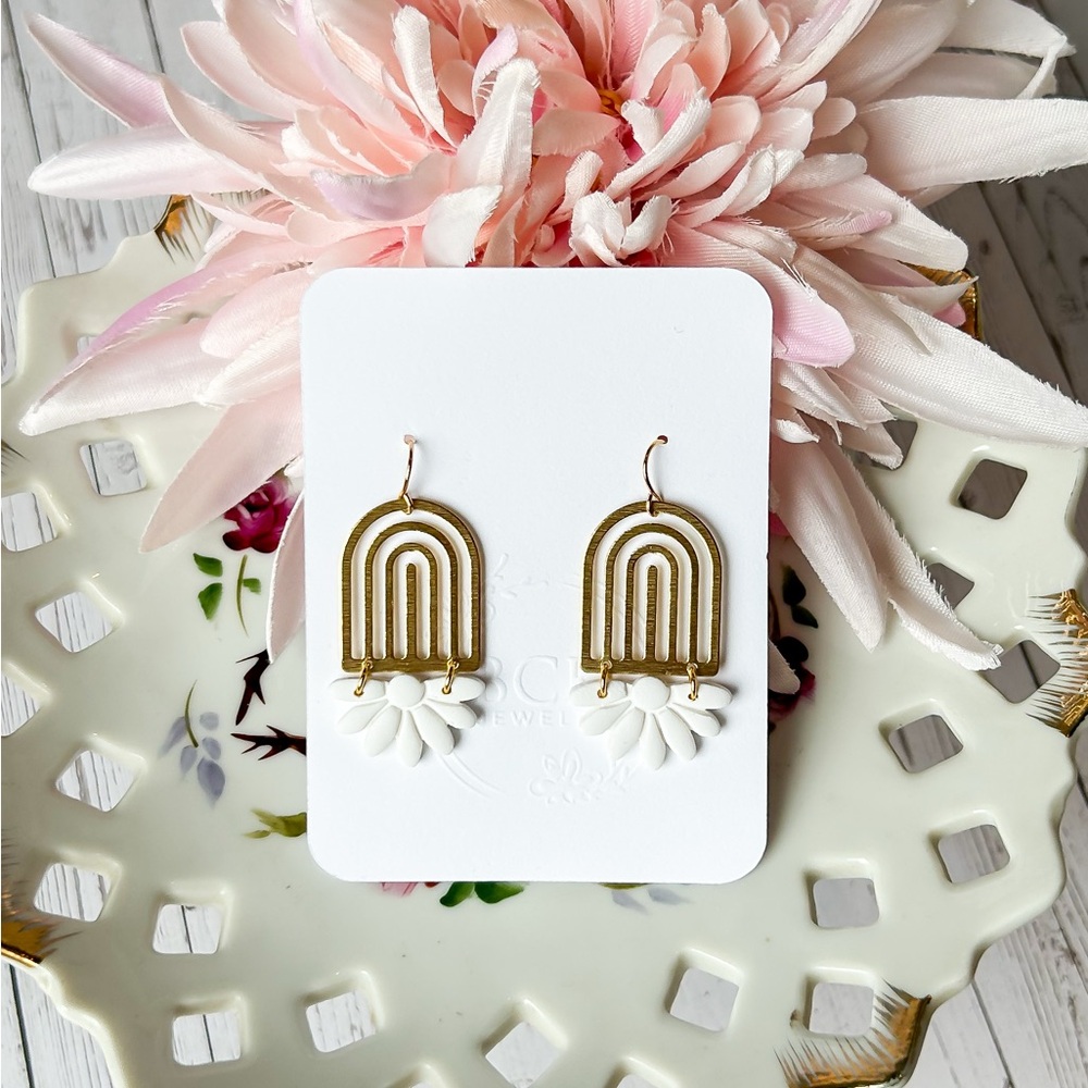 Gold and White Arch Earrings, handmade polymer clay earrings, statement earrings
